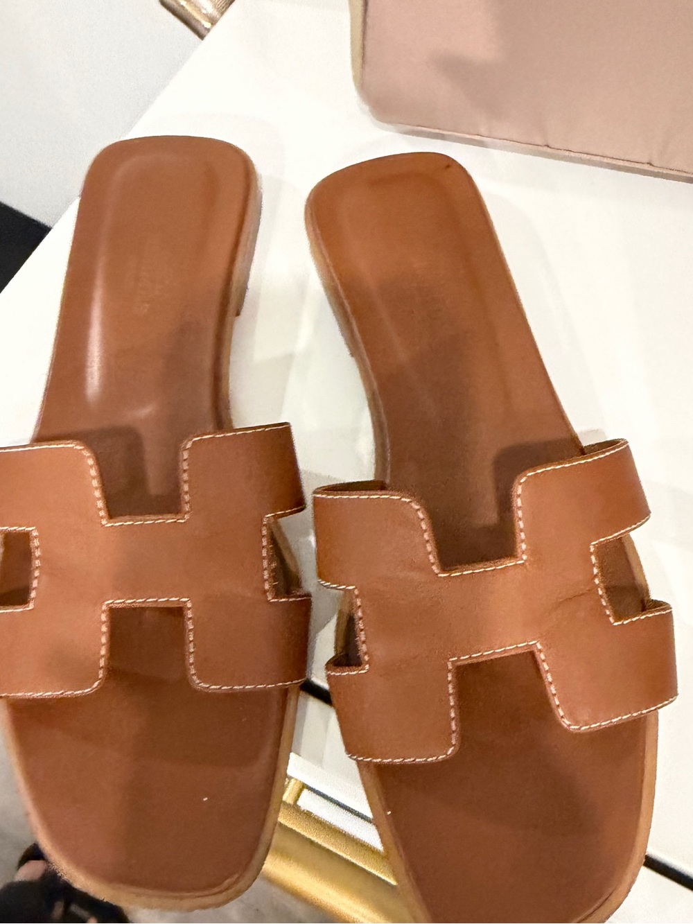 Hermes Brown Leather H-strap Slide Sandals